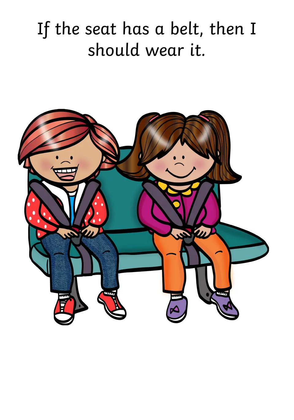 Social story page explains wearing a seat belt if the seat has one, illustrated with two buckled children