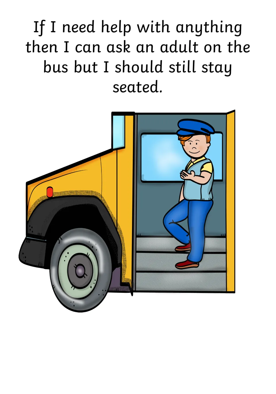 Social story page explains asking an adult on the bus for help when needed while continuing to stay seated