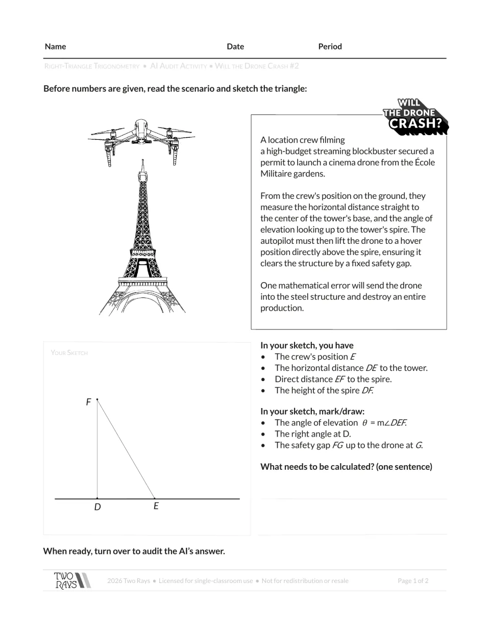 Student scenario: sketch triangle DEF for a drone above the Eiffel Tower and mark angle θ and safety gap FG.