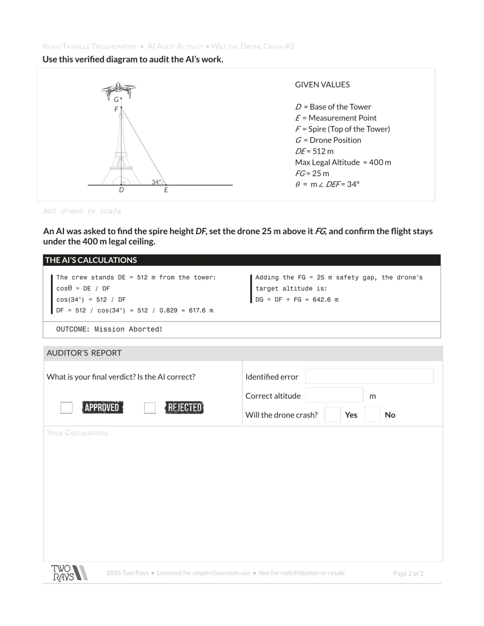 Student audit: check the AI's cosine calculation using a 512 m distance, 34° angle, and 25 m safety gap.
