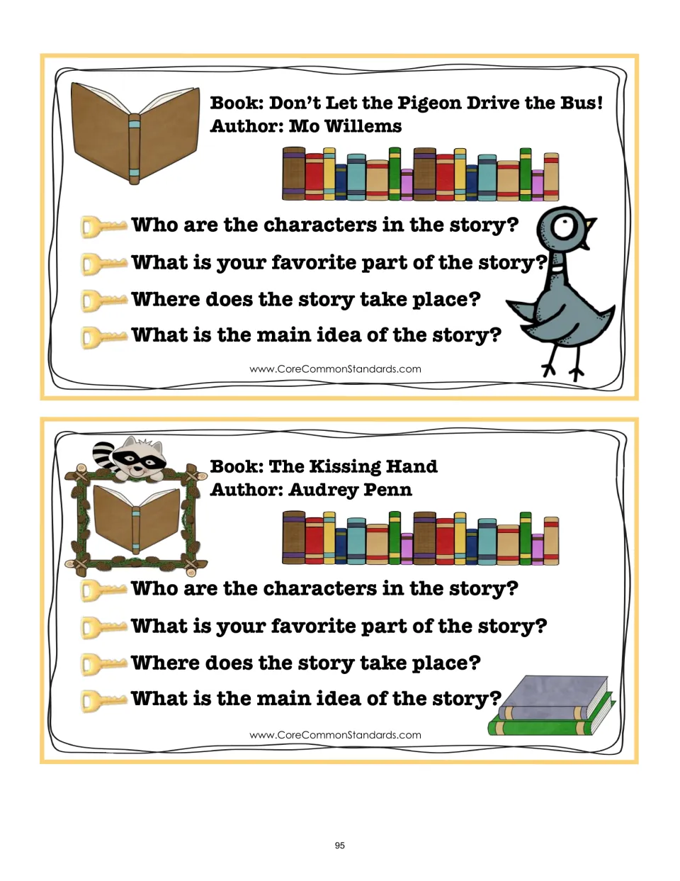 Key details cards 1–2 for Don't Let the Pigeon Drive the Bus! and The Kissing Hand, each with four questions