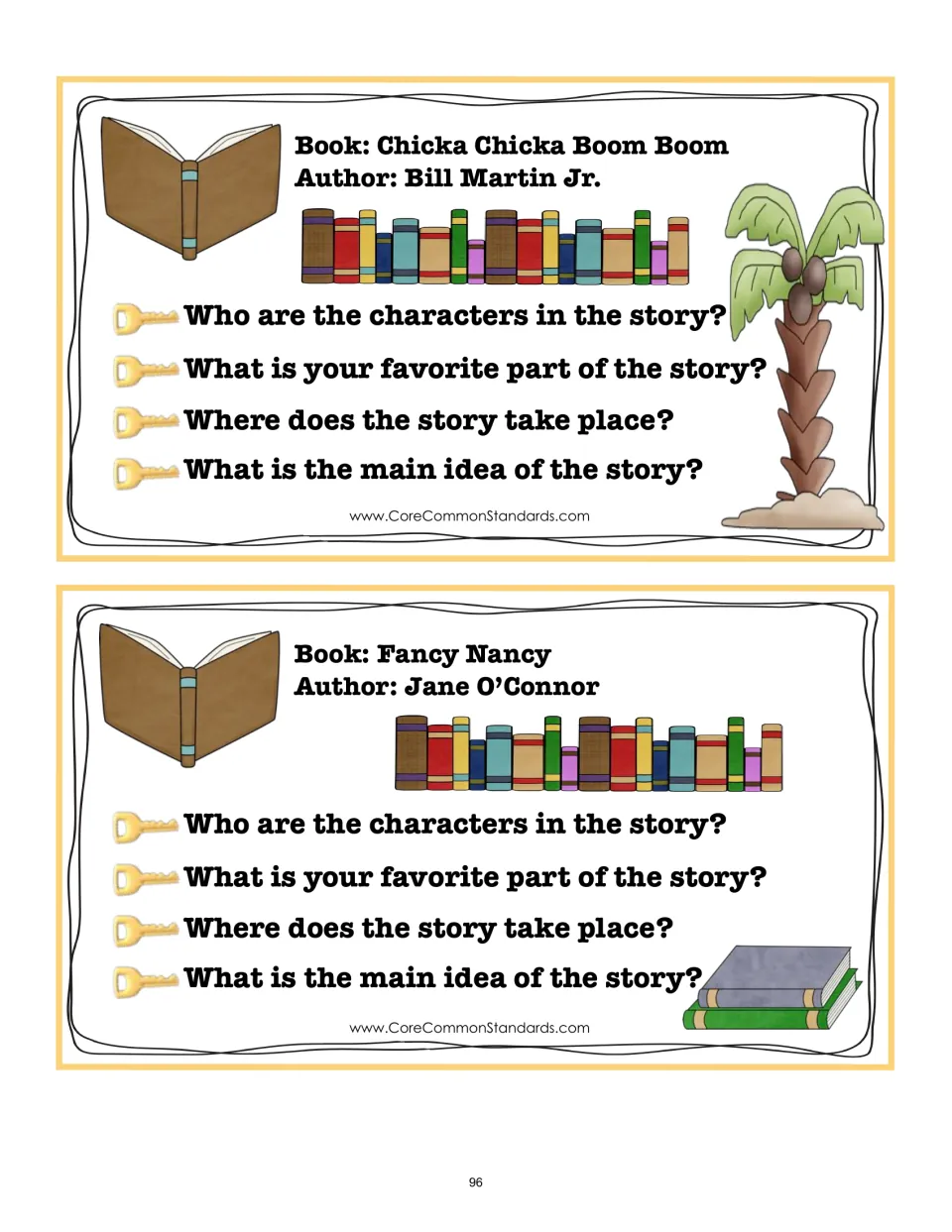 Key details cards 3–4 for Chicka Chicka Boom Boom and Fancy Nancy ask about characters, setting, and more