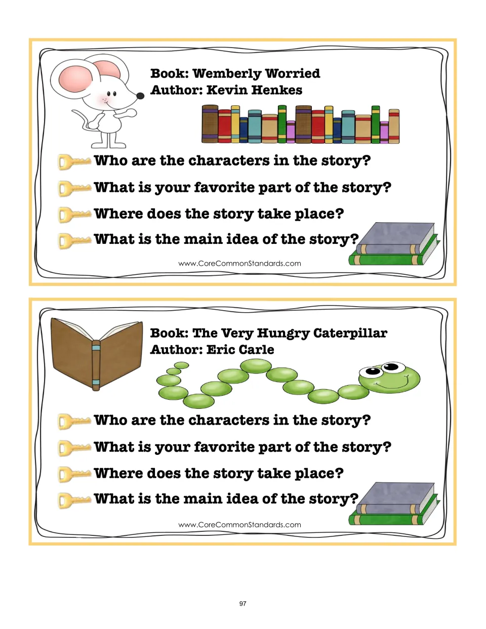 Key details cards 5–6 for Wemberly Worried and The Very Hungry Caterpillar, each with four story questions