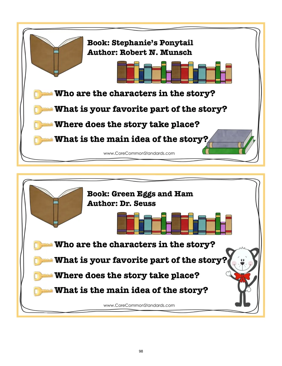 Key details cards 7–8 for Stephanie's Ponytail and Green Eggs and Ham, each asking four questions about the story