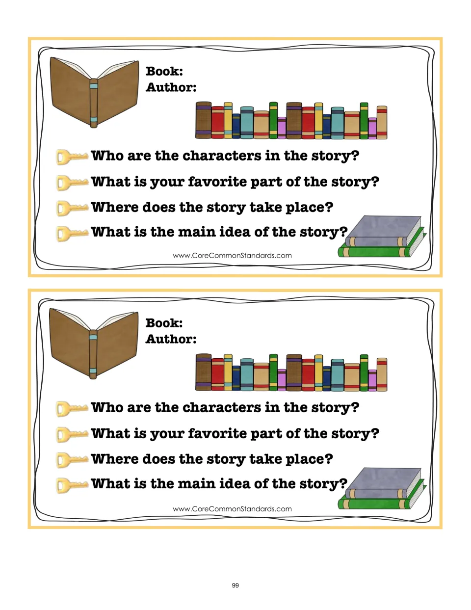 Key details cards 9–10 leave book and author blank and ask about characters, favorite part, setting, and main idea