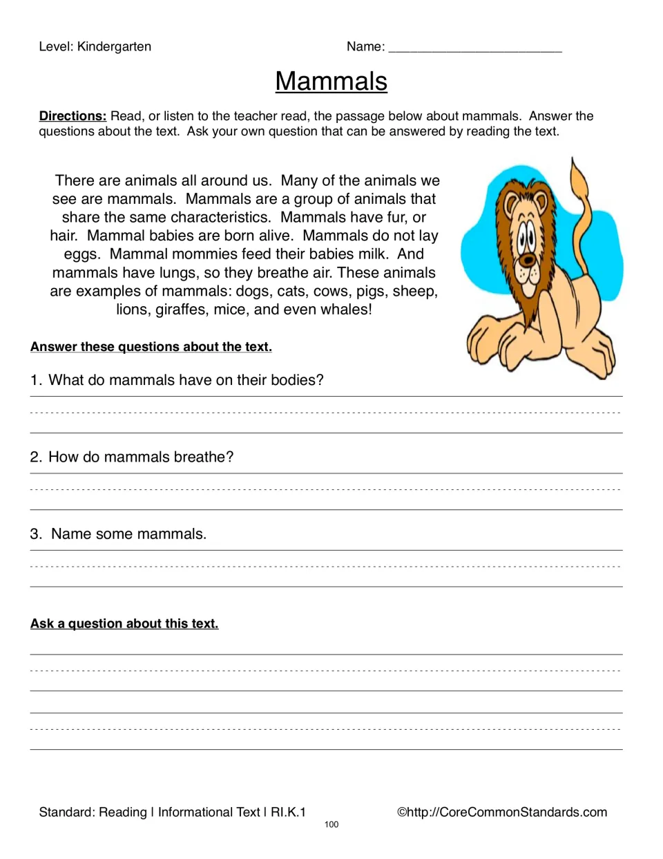 Mammals reading passage with three questions about body coverings, breathing, and examples, plus a question prompt