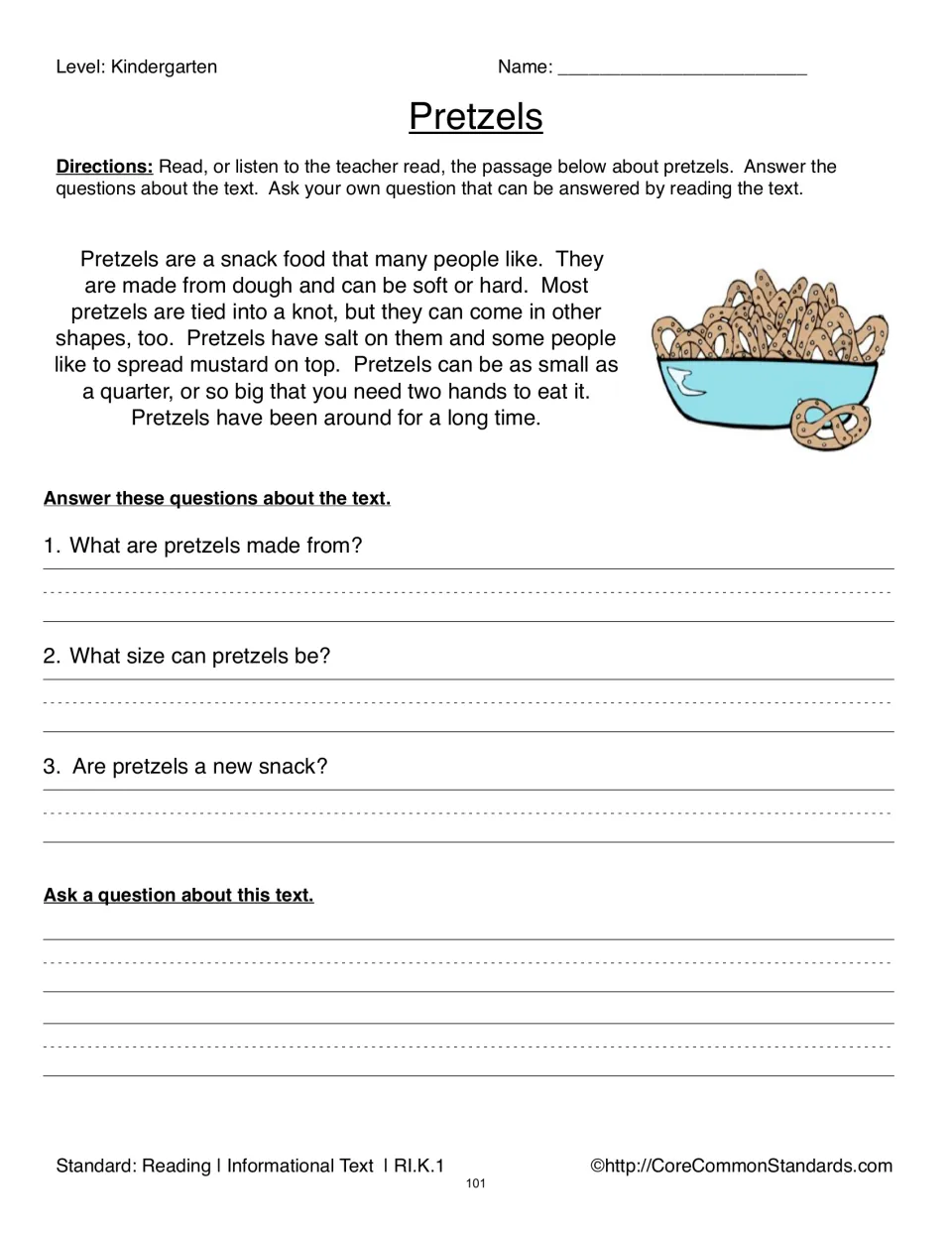 Pretzels reading passage with three questions about ingredients, size, and history, plus a student question prompt