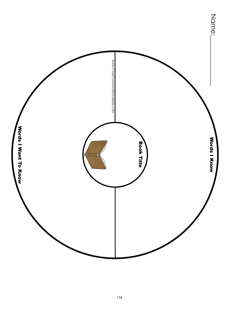 Vocabulary graphic organizer for a selected book, labeled Book Title, Words I Know, and Words I Want To Know
