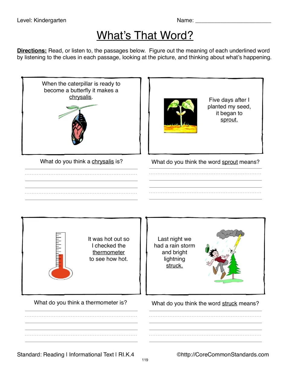 What's That Word? practice uses picture and passage clues for chrysalis, sprout, thermometer, and struck