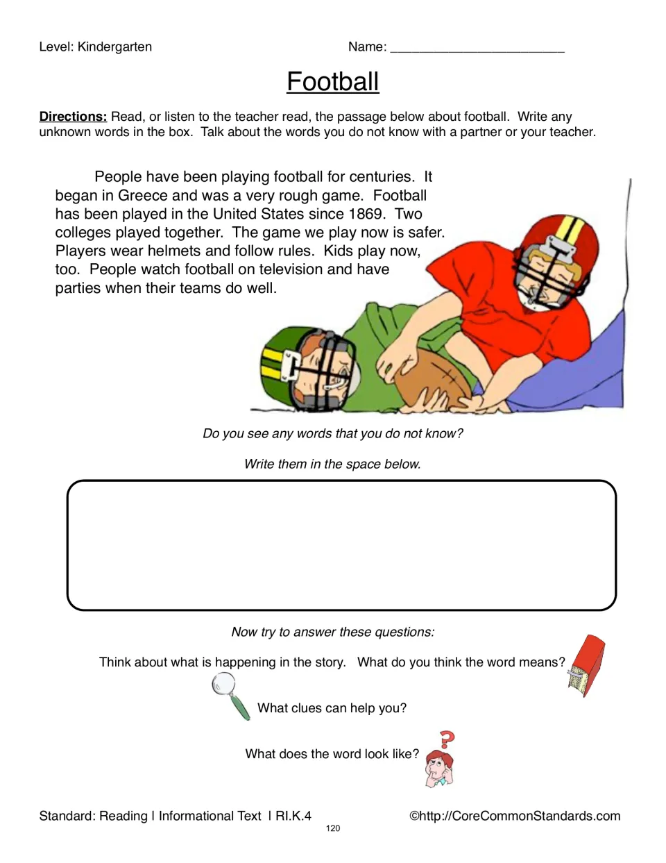 Football reading passage asks students to record unknown words and discuss meanings with a partner or teacher