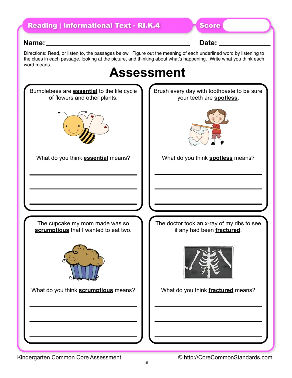 Vocabulary assessment asks students to use text and pictures to define essential, spotless, and two more words