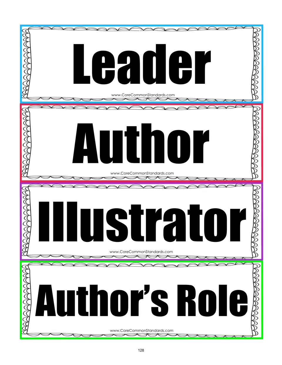 First role-card sheet for the book activity: Leader, Author, Illustrator, and Author’s Role cards