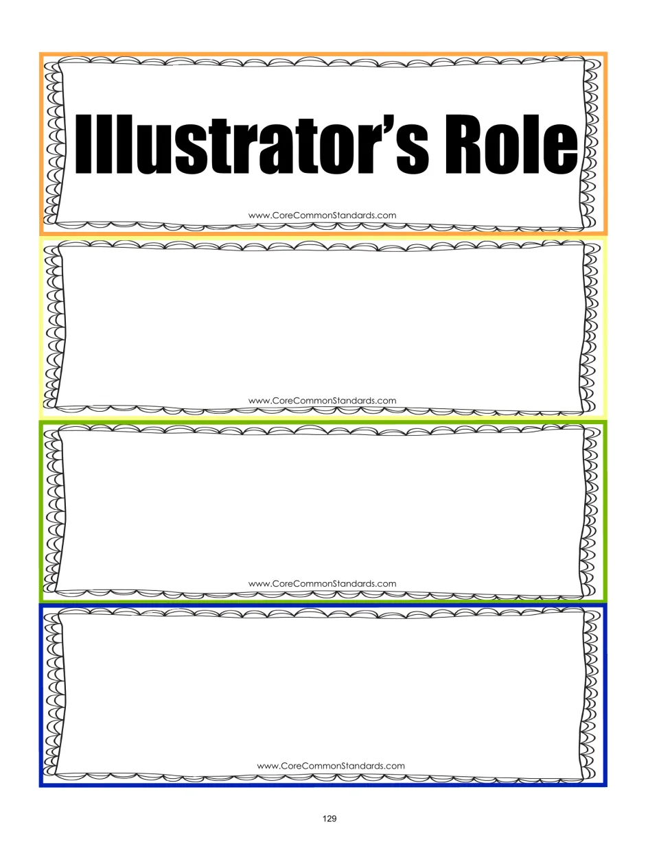 Second role-card sheet for the book activity includes the Illustrator’s Role card and three blank cards
