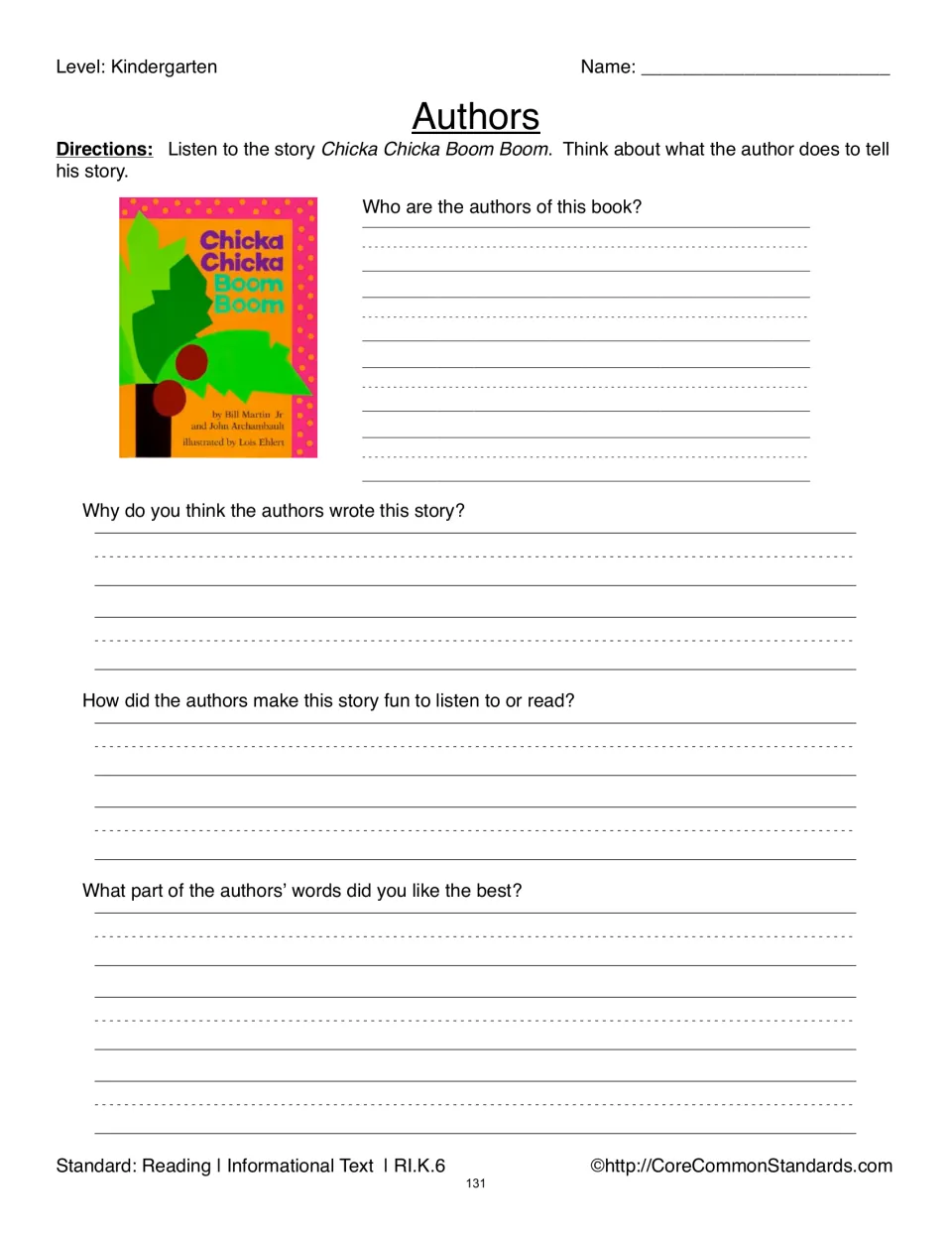 Authors practice for Chicka Chicka Boom Boom asks who wrote it, why, how it is fun, and which words students liked