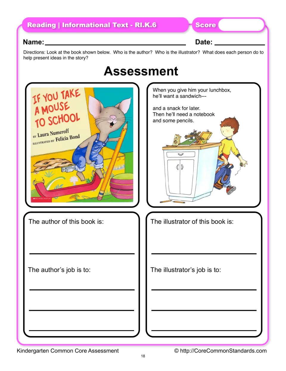 Assessment uses If You Take a Mouse to School to ask students to name the author and illustrator and their jobs