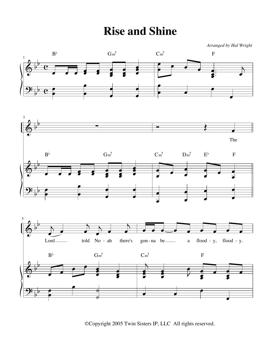 Song opening in B-flat: piano intro with chord symbols, then the vocal line 'Lord told Noah there's gonna be a floody'