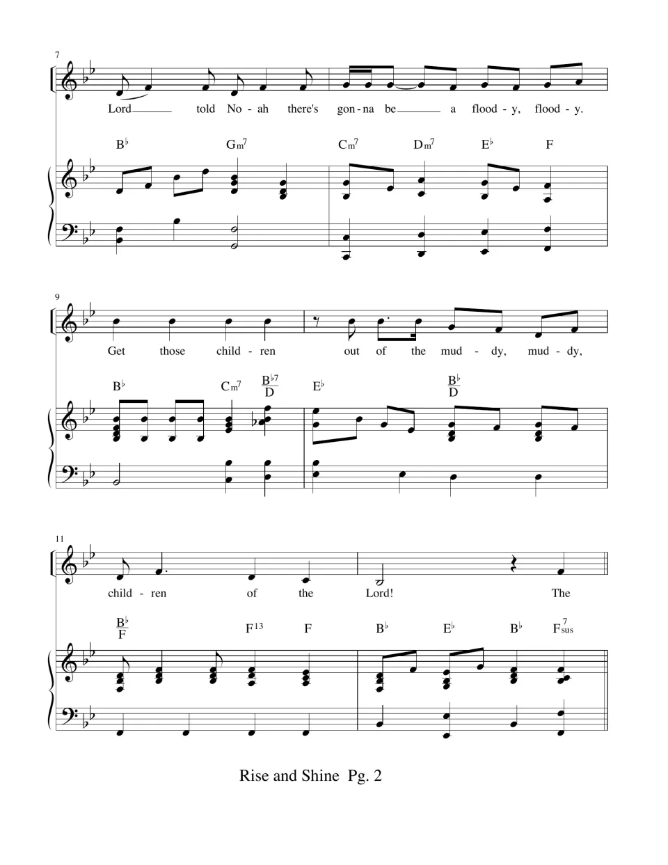 Vocal and piano score, bars 7-12: 'Get those children out of the muddy, muddy' leading to 'children of the Lord!'