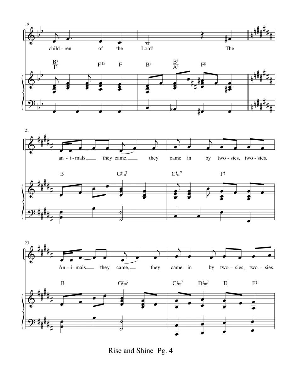 Bars 19-24 with a key change from B-flat to B major: 'Animals they came, they came in by twosies' with chord symbols
