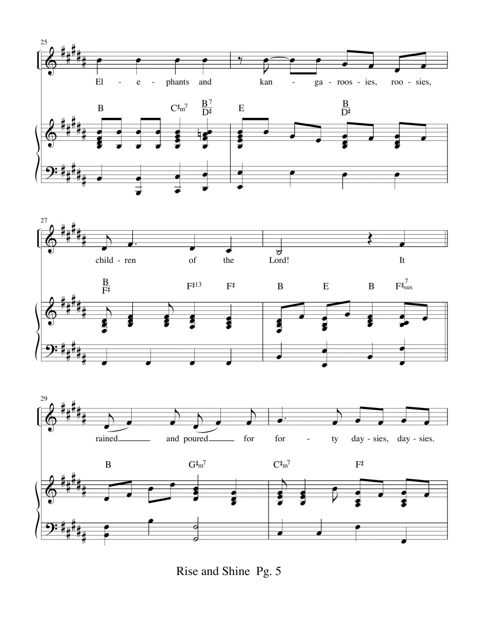 Bars 25-30 in B major: 'Elephants and kangaroosies' then 'It rained and poured for forty daysies' with the piano part