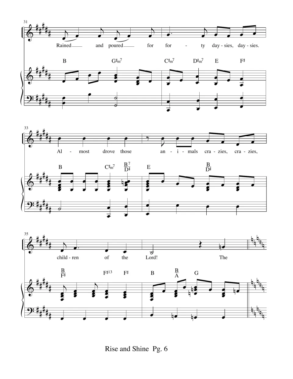 Bars 31-36: 'Almost drove those animals crazies' and 'children of the Lord!', ending with a key change to C major