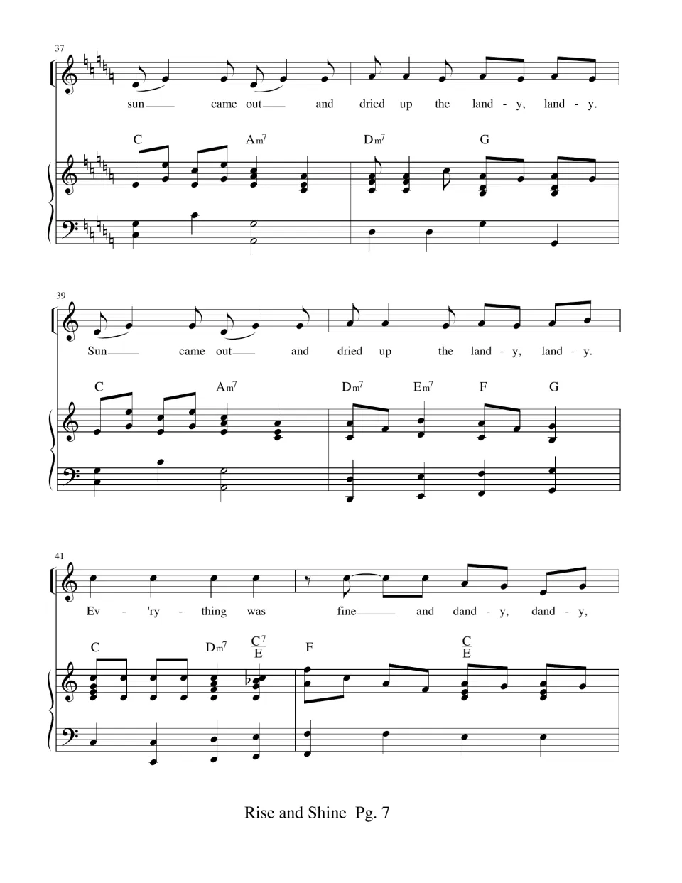 Bars 37-42 in C major: 'Sun came out and dried up the landy' and 'Ev'rything was fine and dandy' with piano chords