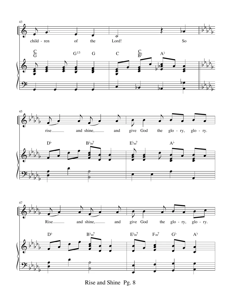 Bars 43-48 with a key change to D-flat major, where the chorus 'Rise and shine, and give God the glory, glory' begins