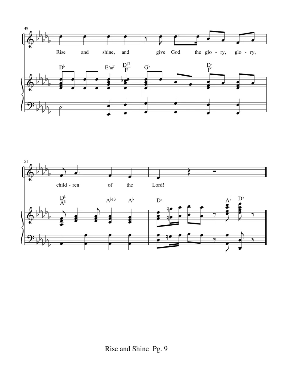 Final bars 49-52 in D-flat: last 'give God the glory' chorus and 'children of the Lord!' with a closing piano tag