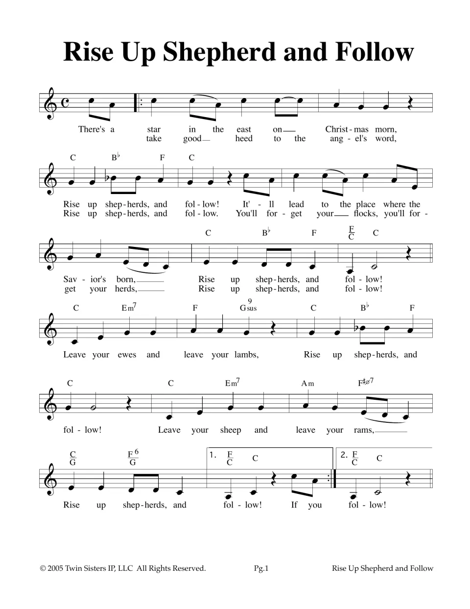 Christmas song melody: students sing two verses from chord-labeled notation, repeating with first and second endings