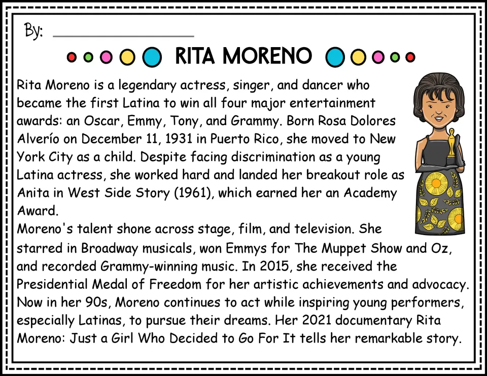 Color version of the Rita Moreno biography passage about her Puerto Rican childhood, career, and awards