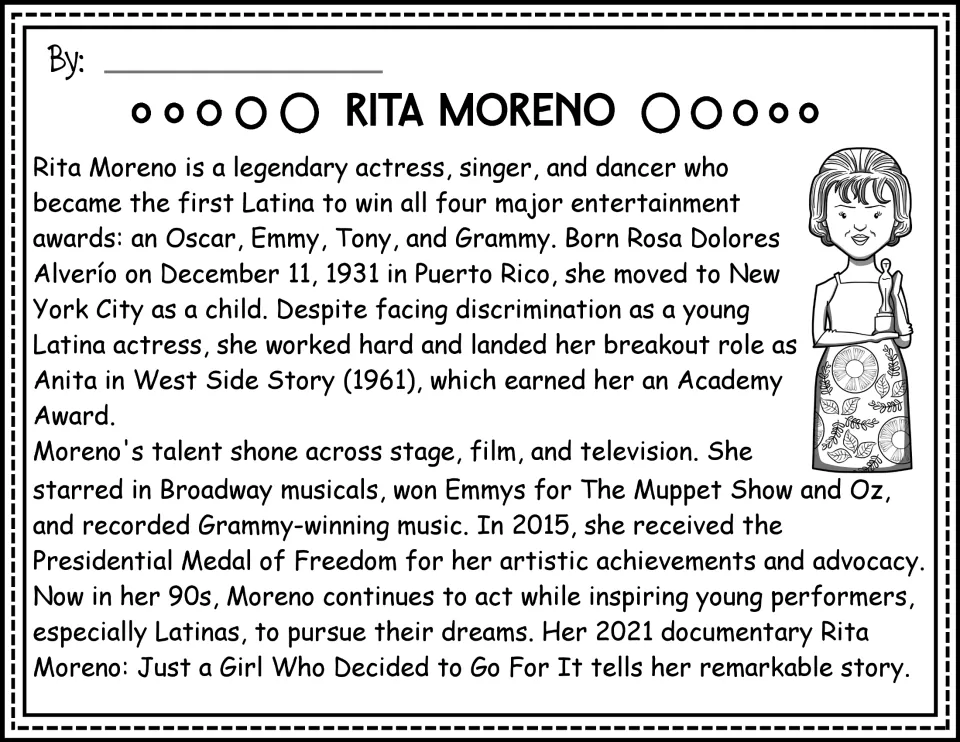 Black-and-white version of the Rita Moreno biography passage covering her early life and performing career