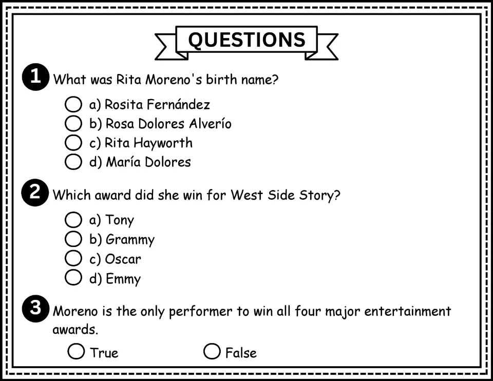 Comprehension questions 1–3 ask about Moreno's birth name, her West Side Story award, and her four major awards