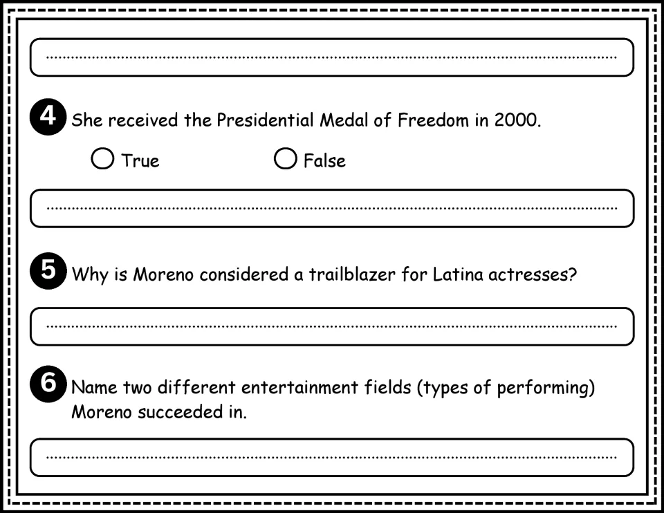 Comprehension questions 4–6 cover the Medal of Freedom, Moreno's role as a trailblazer, and performing fields