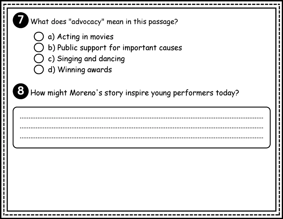 Comprehension questions 7–8 ask what advocacy means and how Moreno's story might inspire young performers