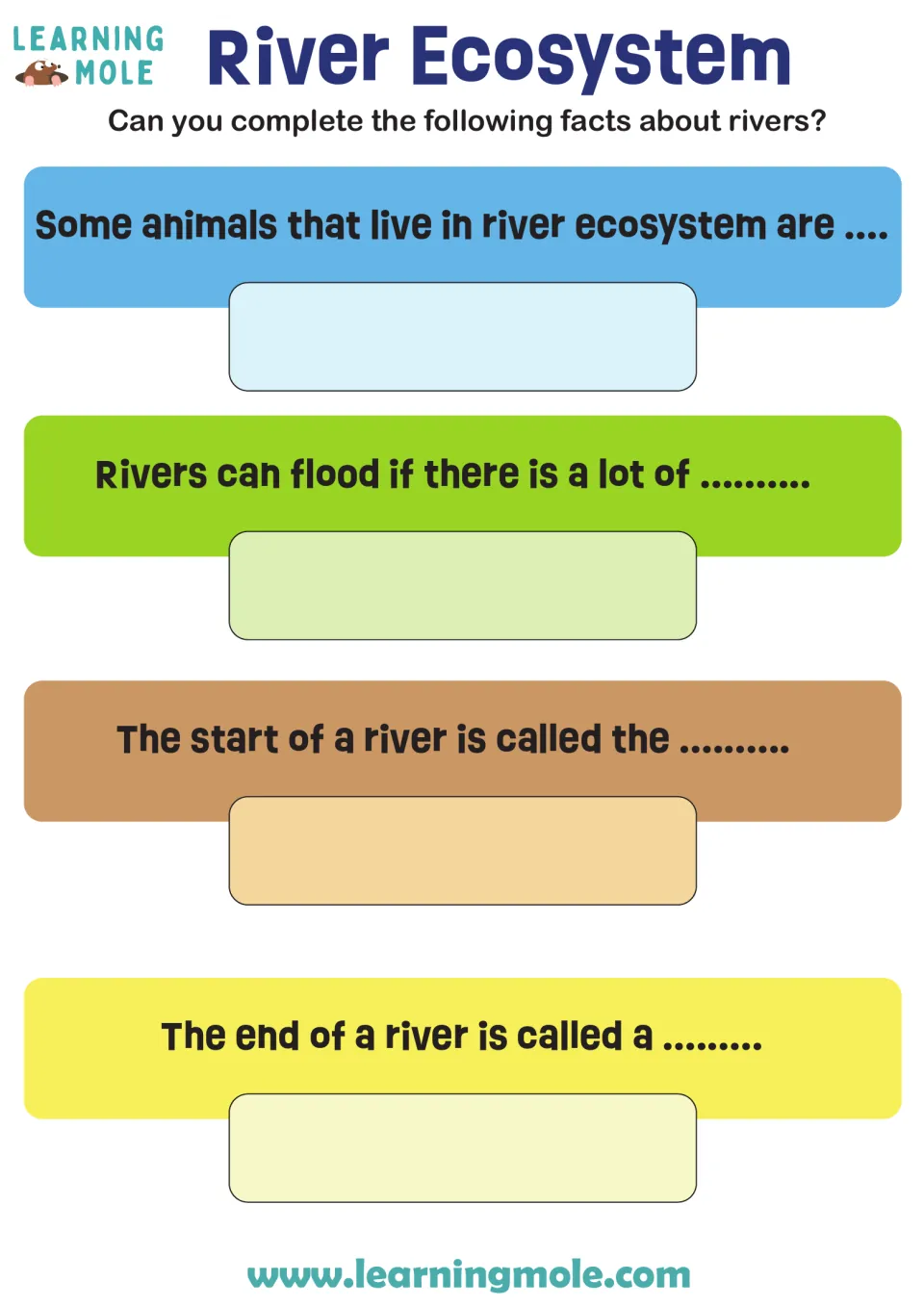 River facts: students complete 4 sentences on river animals, what causes flooding, and names for a river's start and end