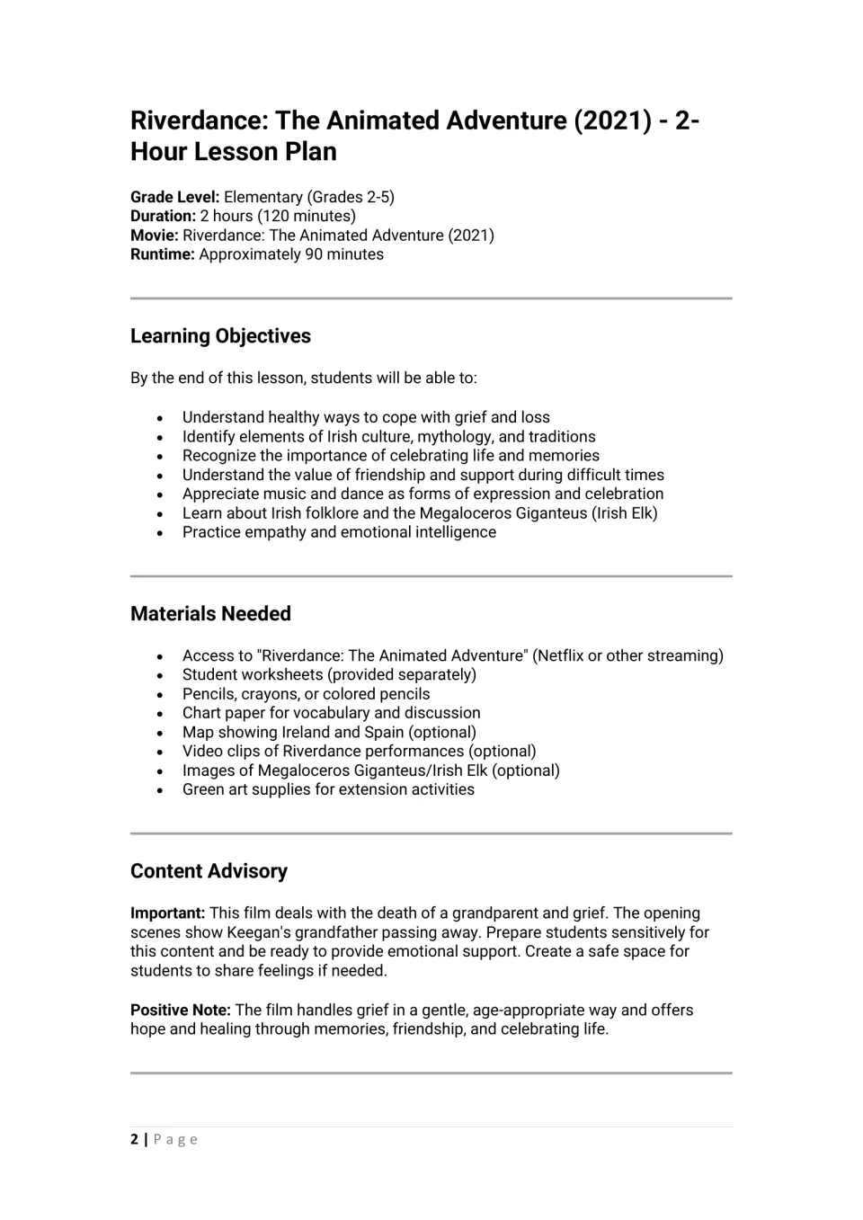 Lesson overview lists learning objectives, materials, and a content advisory about a grandparent's death.