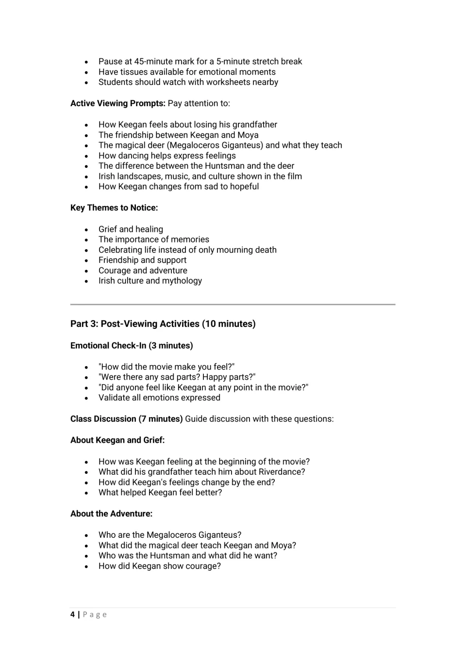 Viewing prompts track Keegan's feelings and friendship; post-viewing questions address grief and adventure.