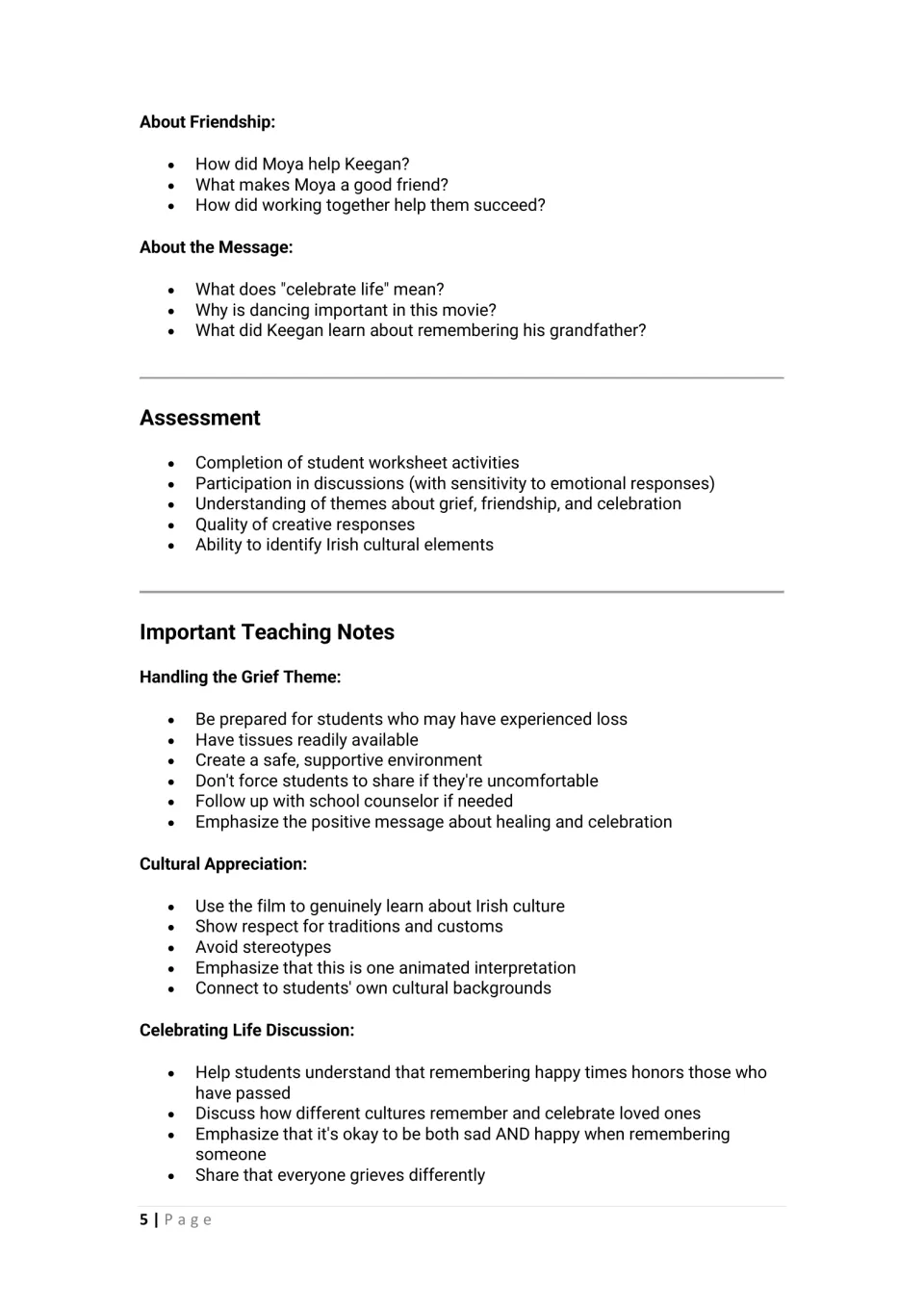 Teacher guidance continues friendship discussion, assessment, and notes on grief and cultural appreciation.