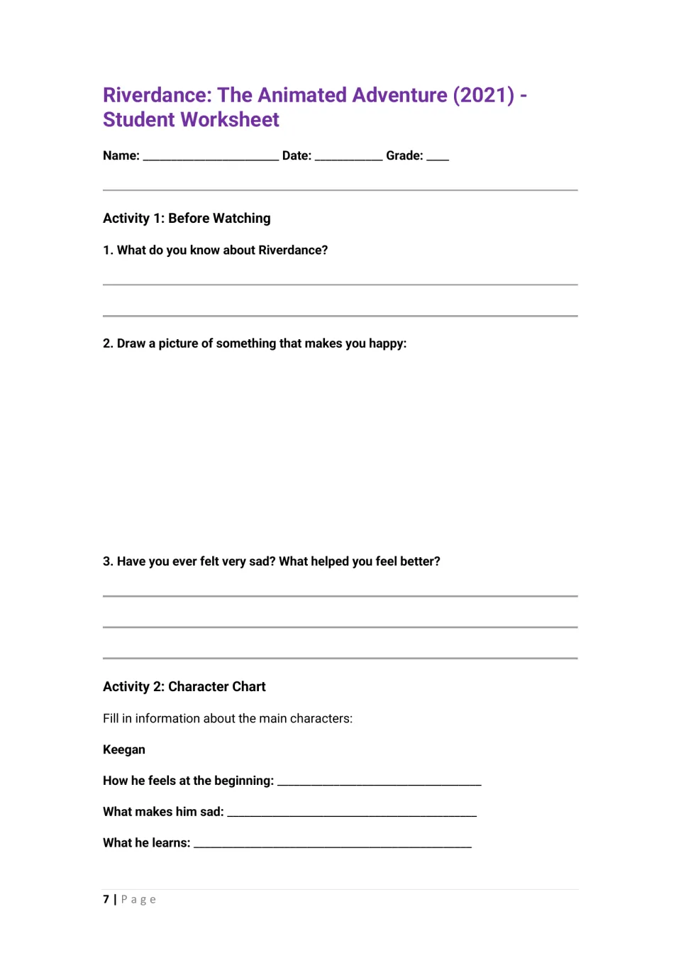 Student activities begin with pre-viewing questions, a drawing about happiness, and Keegan's character chart.