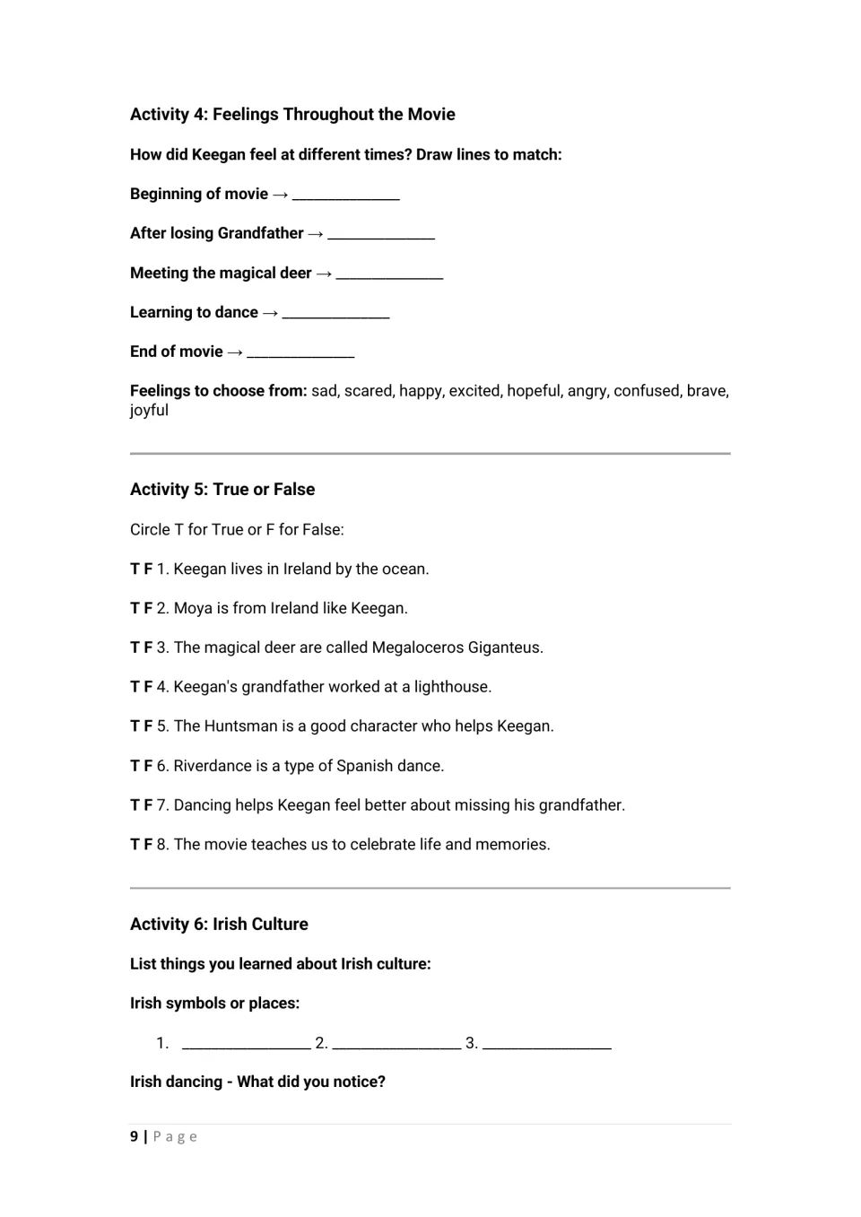 Activities 4–6 track Keegan's feelings, check eight true-or-false statements, and begin Irish culture responses.