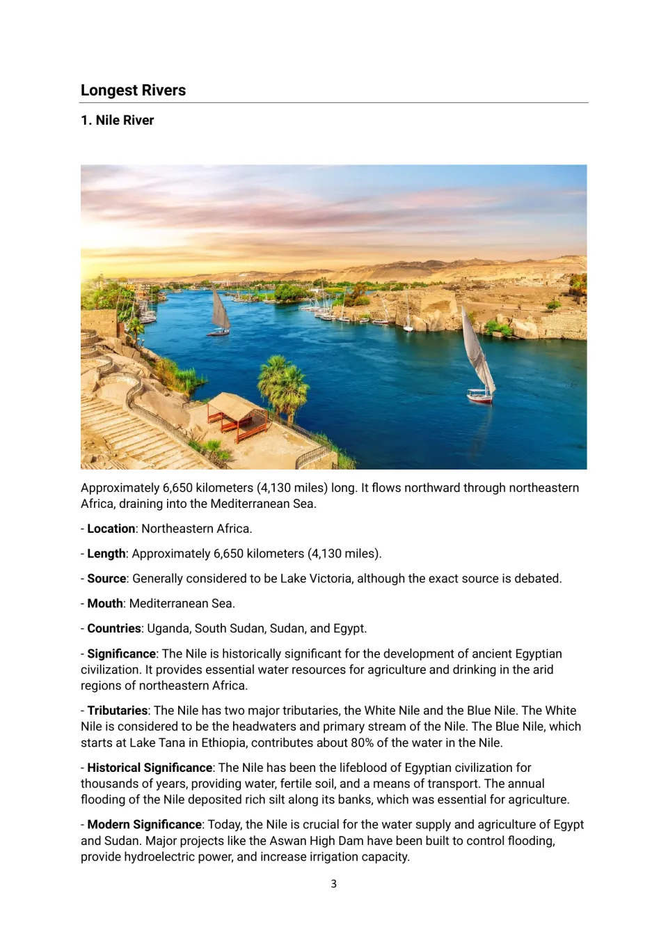 Longest rivers, Nile River: students read its length, source, mouth, countries, tributaries and role in ancient Egypt