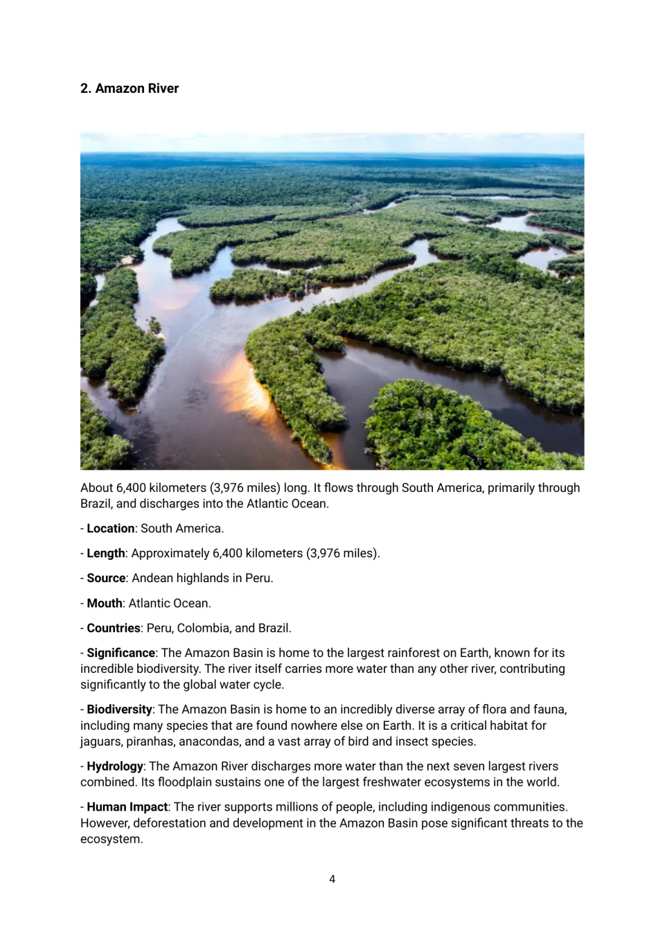 Amazon River profile: students read its length, Peru source, Atlantic mouth, rainforest biodiversity and human impact