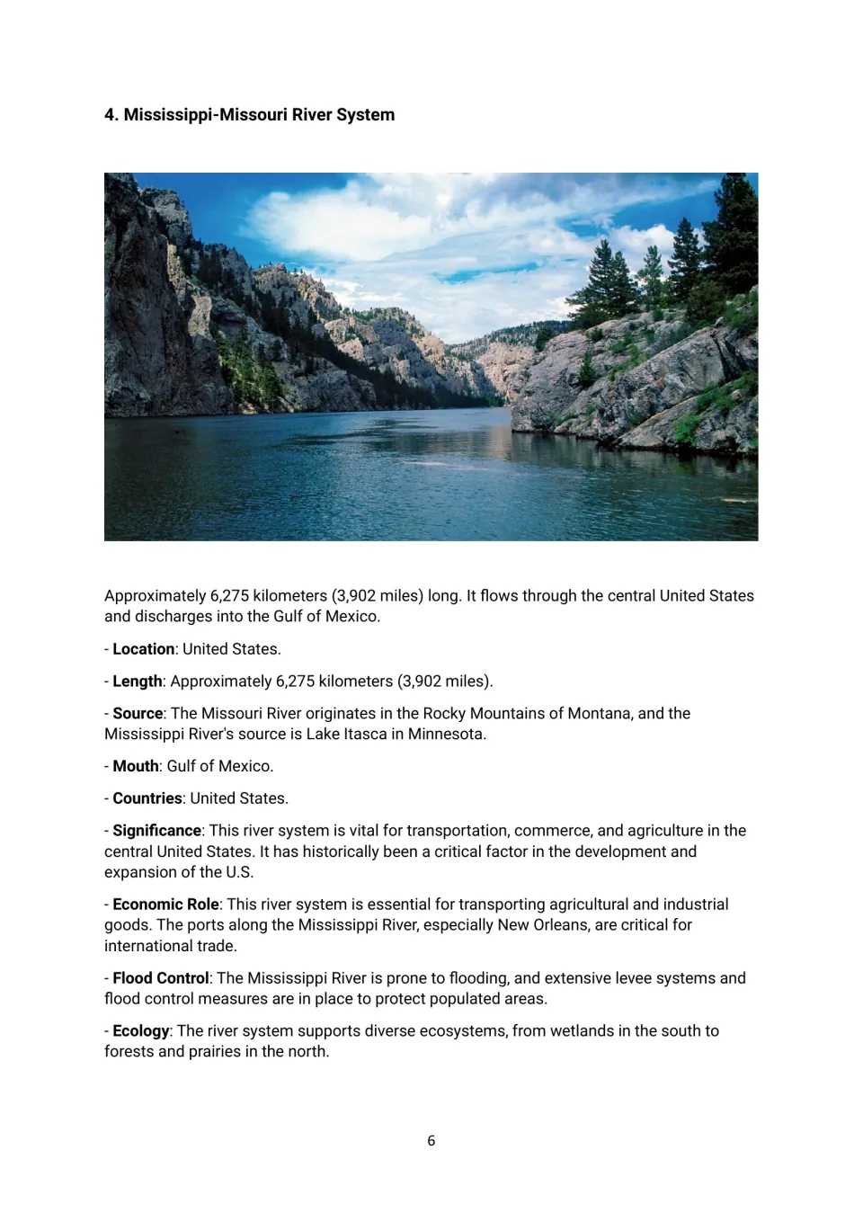 Mississippi-Missouri River System: students read its length, Gulf of Mexico mouth, trade role, flood control and ecology