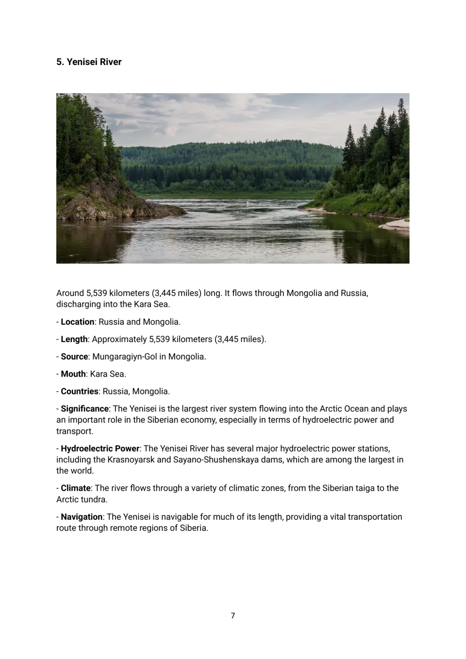 Yenisei River profile: students read its Mongolia source, Kara Sea mouth, Siberian dams, climate zones and navigation