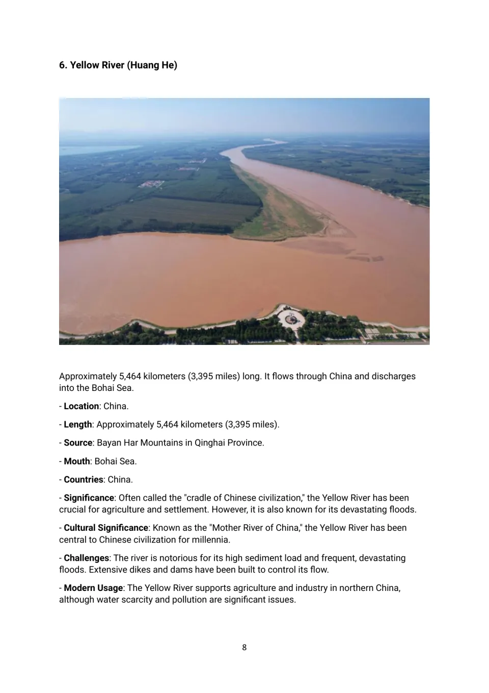 Yellow River (Huang He) profile: students read about its high sediment load, floods and role as the Mother River of China