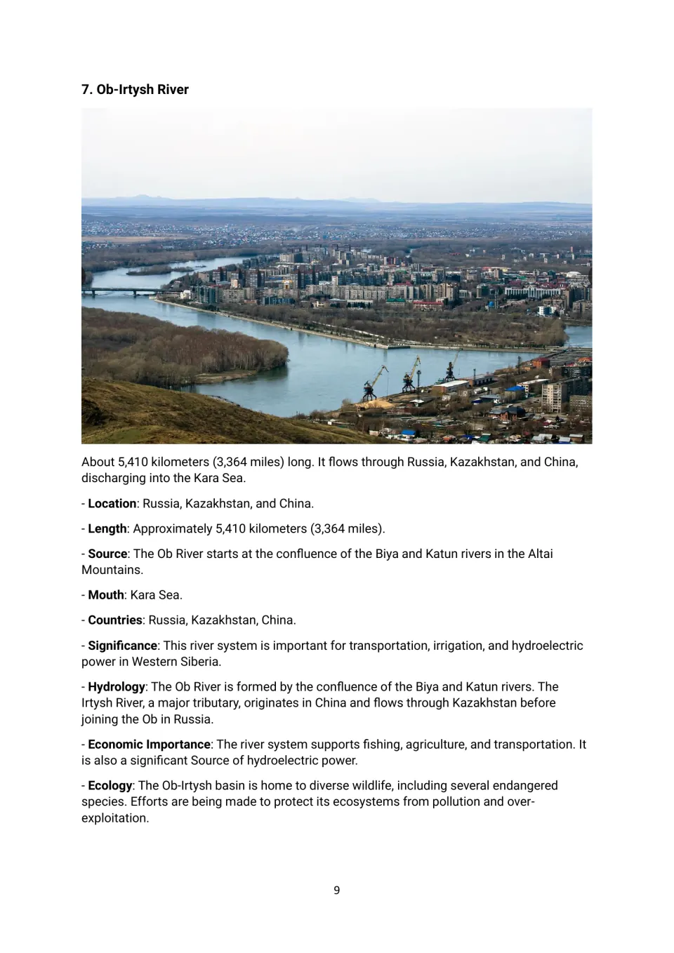 Ob-Irtysh River profile: students read how it flows through Russia, Kazakhstan and China to the Kara Sea, plus its ecology