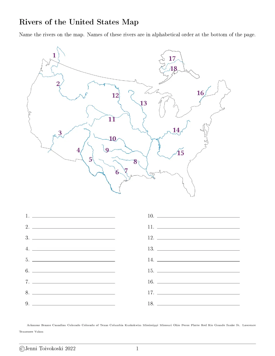U.S. rivers map labelling: students name 18 numbered rivers, from the Columbia to the Yukon, using a word bank