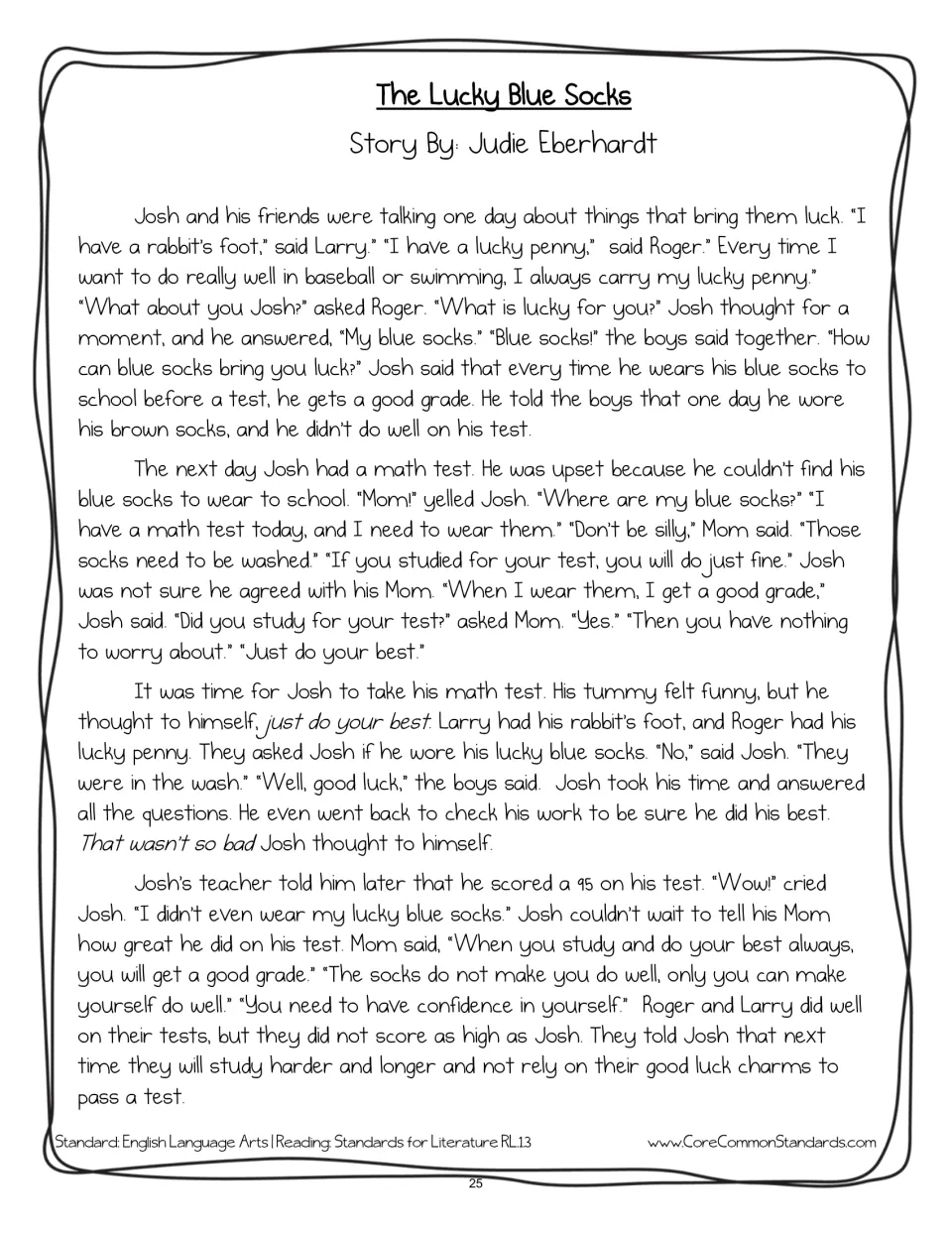 Reading passage: The Lucky Blue Socks by Judie Eberhardt, about Josh taking a math test without lucky socks