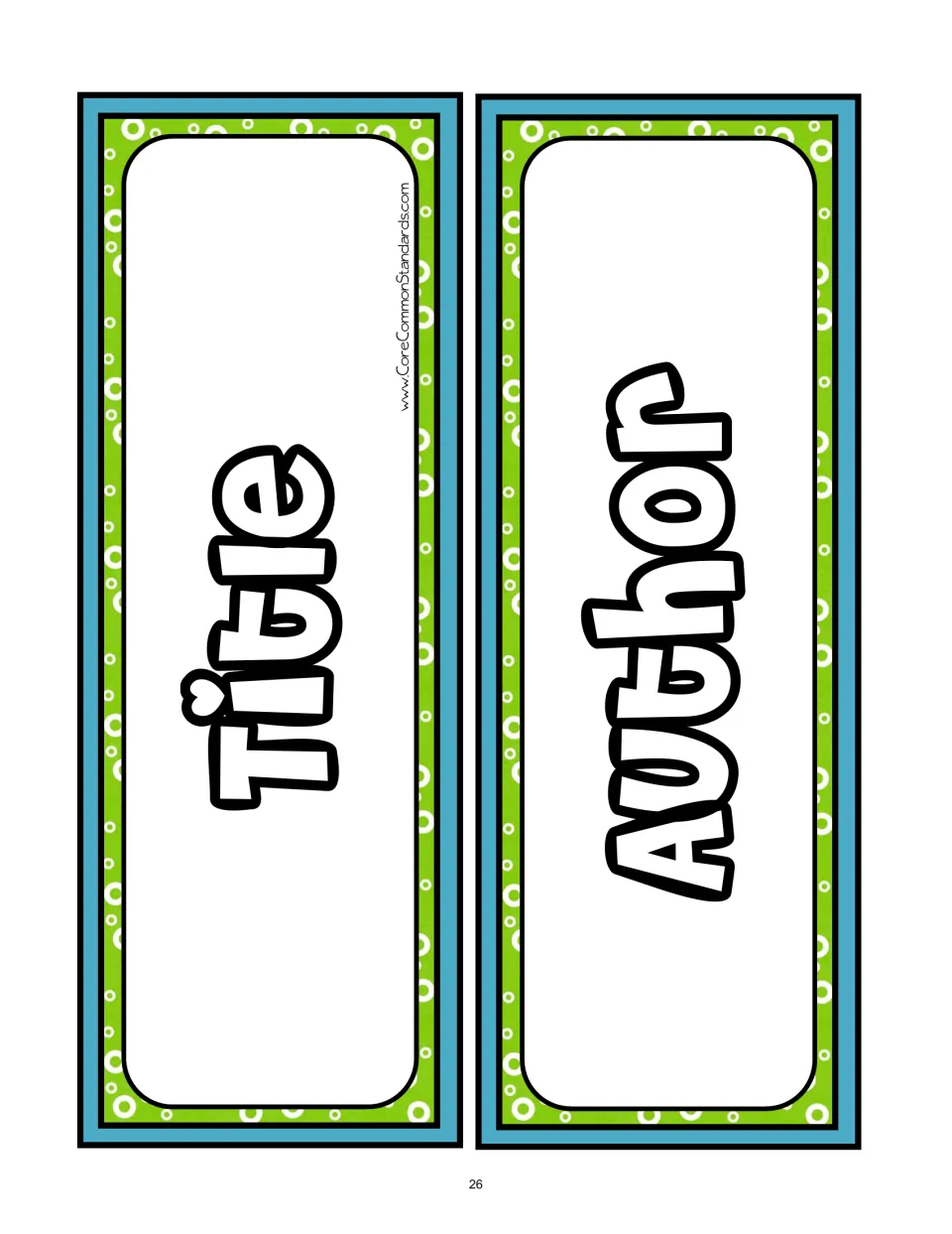Story-organizing category cards labeled Title and Author for identifying the reading passage and its writer