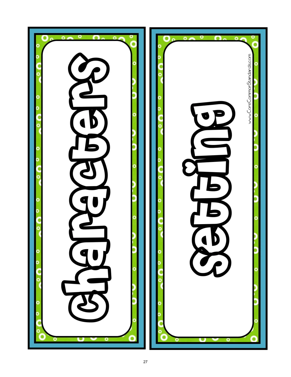 Story-organizing category cards labeled Characters and Setting for describing who is in the story and where