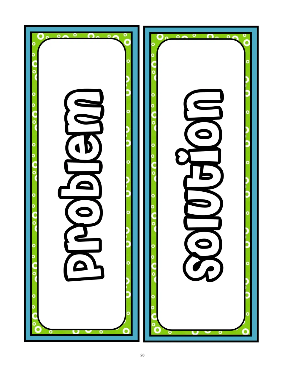 Story-organizing category cards labeled Problem and Solution for organizing key details from the passage